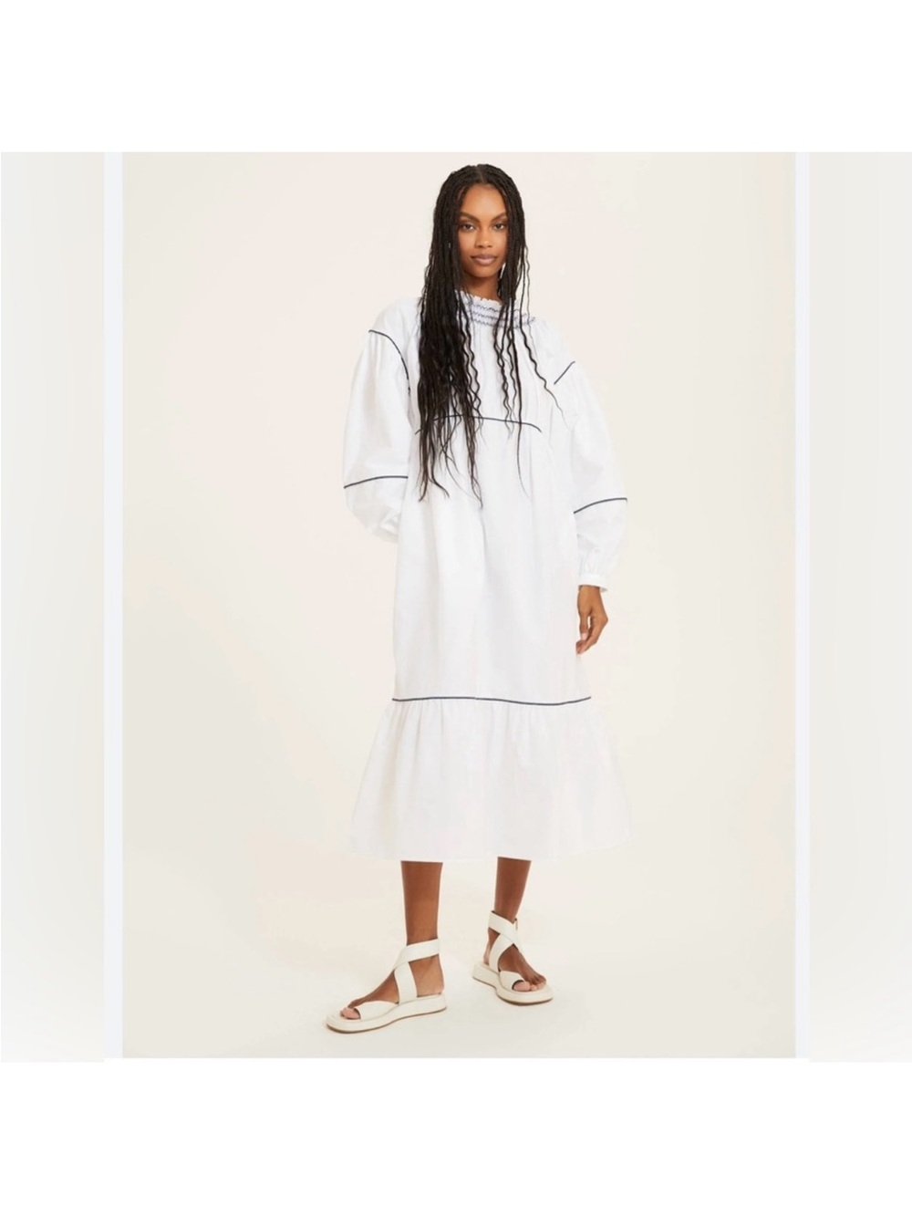 Something Navy White Maxi Dress with Navy Smocked Trim